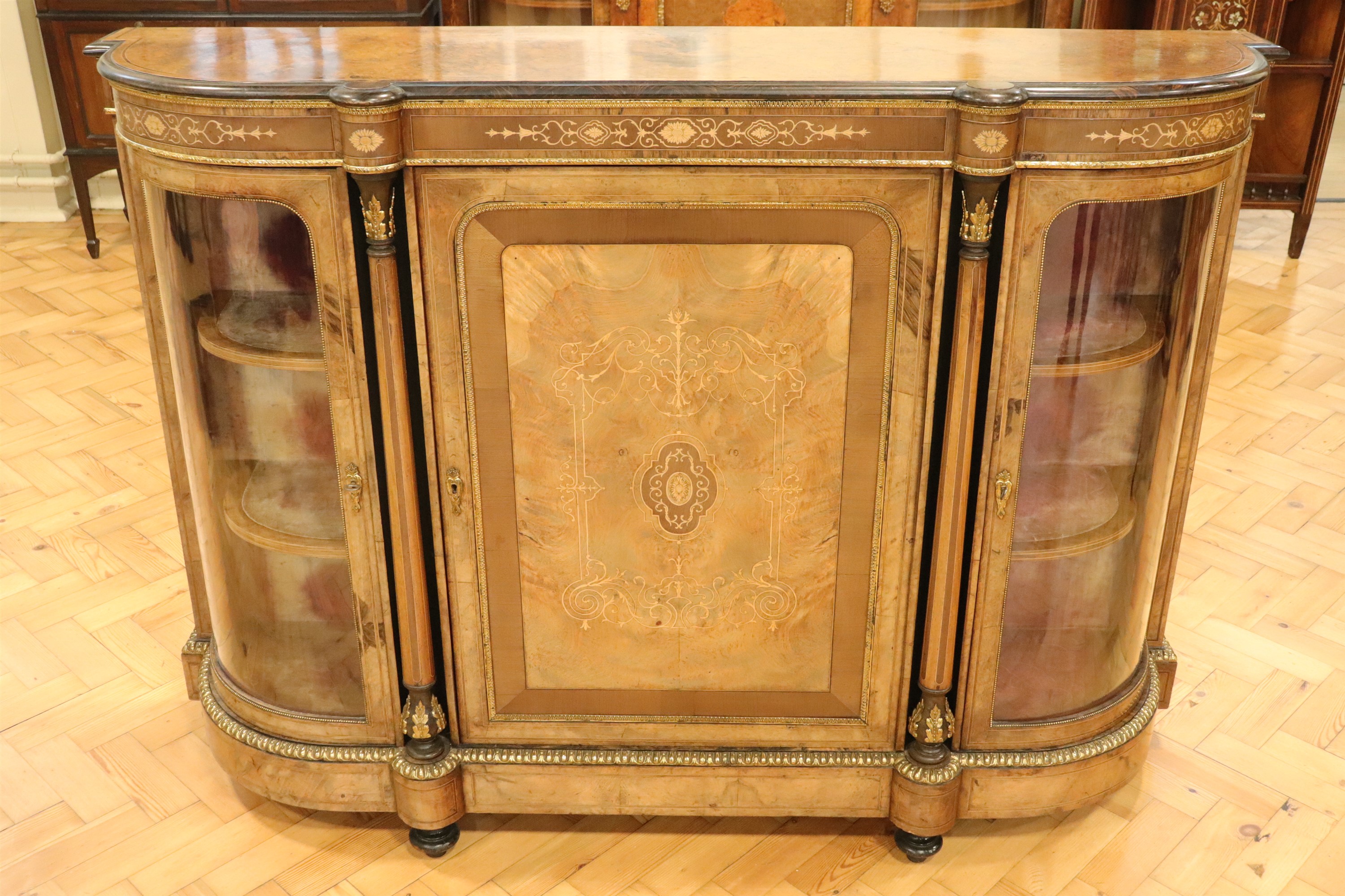 A Victorian gilt metal mounted and inlaid burr walnut veneered credenza, having a book-veneered - Image 2 of 4