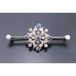 A Bell Epoque diamond and sapphire snowflake brooch, having four precious white metal fronds each