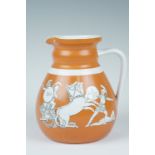 A Victorian pottery jug bearing two scenes from the Trojan wars, 'Diomedes throwing his spear at