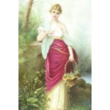 After Joseph Bernard A late 19th Century hand painted porcelain plaque, depicting a young woman