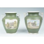 A pair of Victorian vases by Charles Barlow, of ovoid shape, having a green satin body and bearing