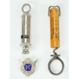 A vintage BBC lapel badge by H W Miller, a LMS promotional pocket corkscrew, and a GPO whistle by