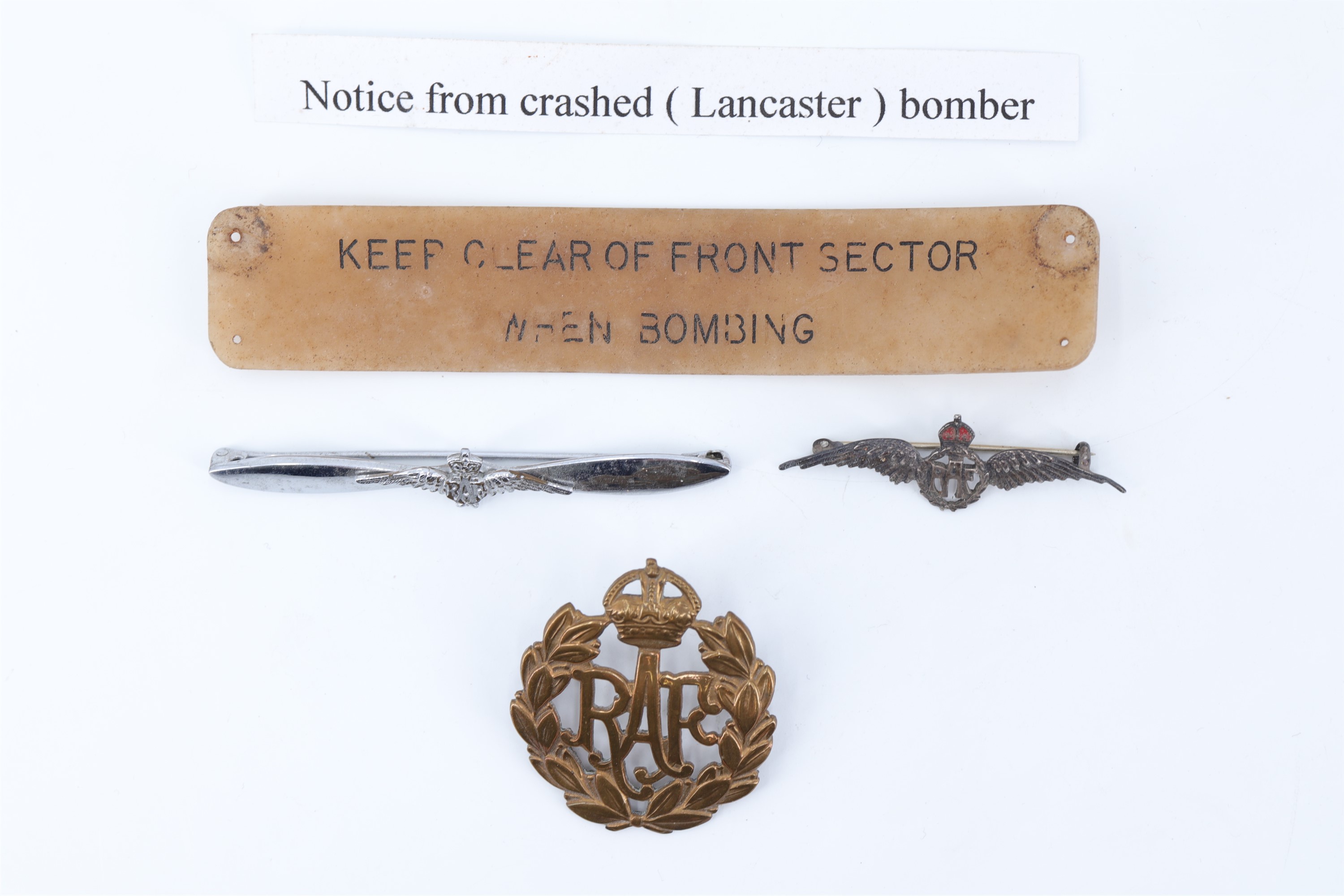 An RAF cap badge, enamelled Sterling white metal and other sweetheart brooches and a "Keep Clear