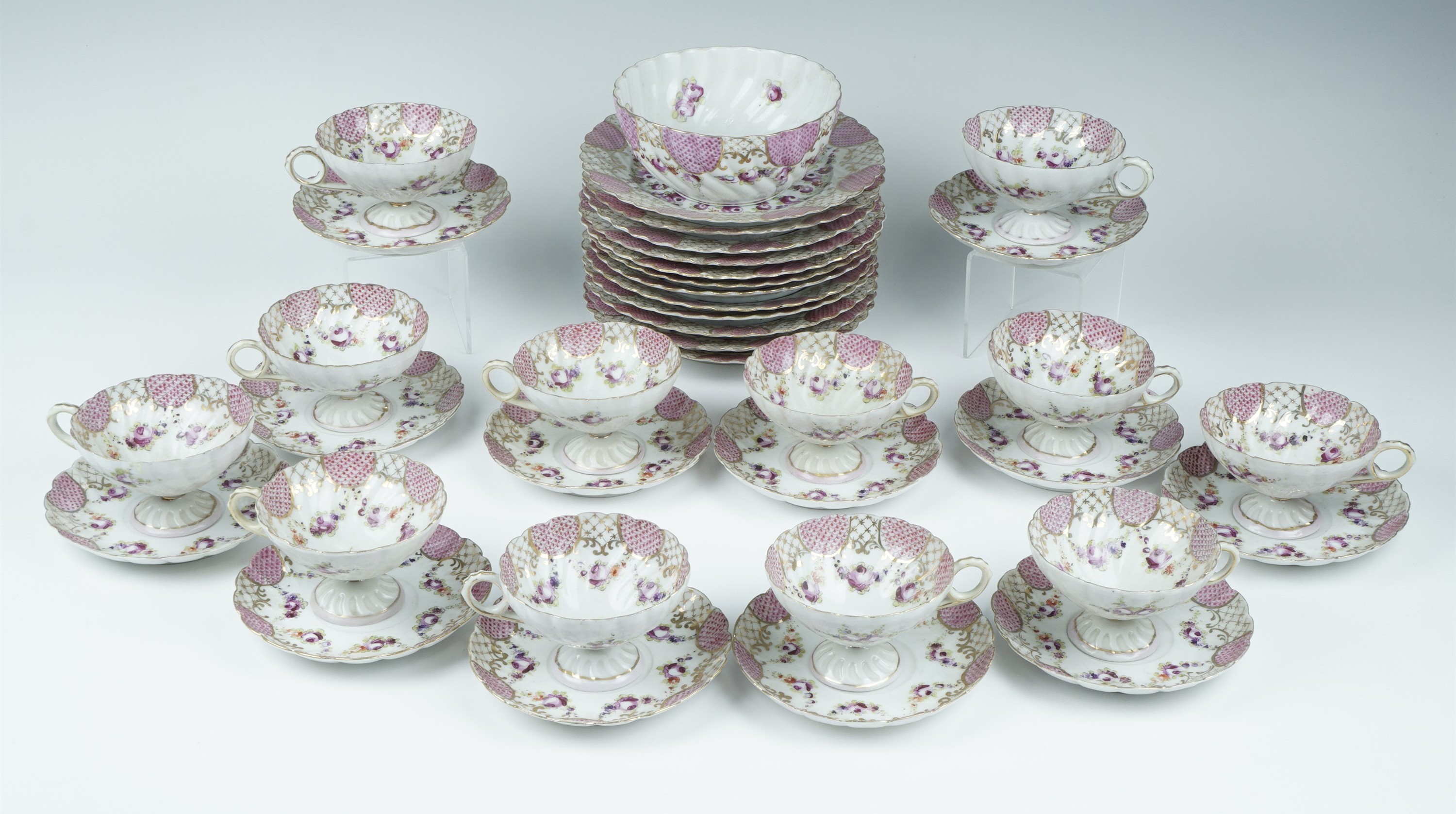 A late 19th/early 20th Century French Sevre influenced porcelain teaset, decorated in patterns of - Image 2 of 2