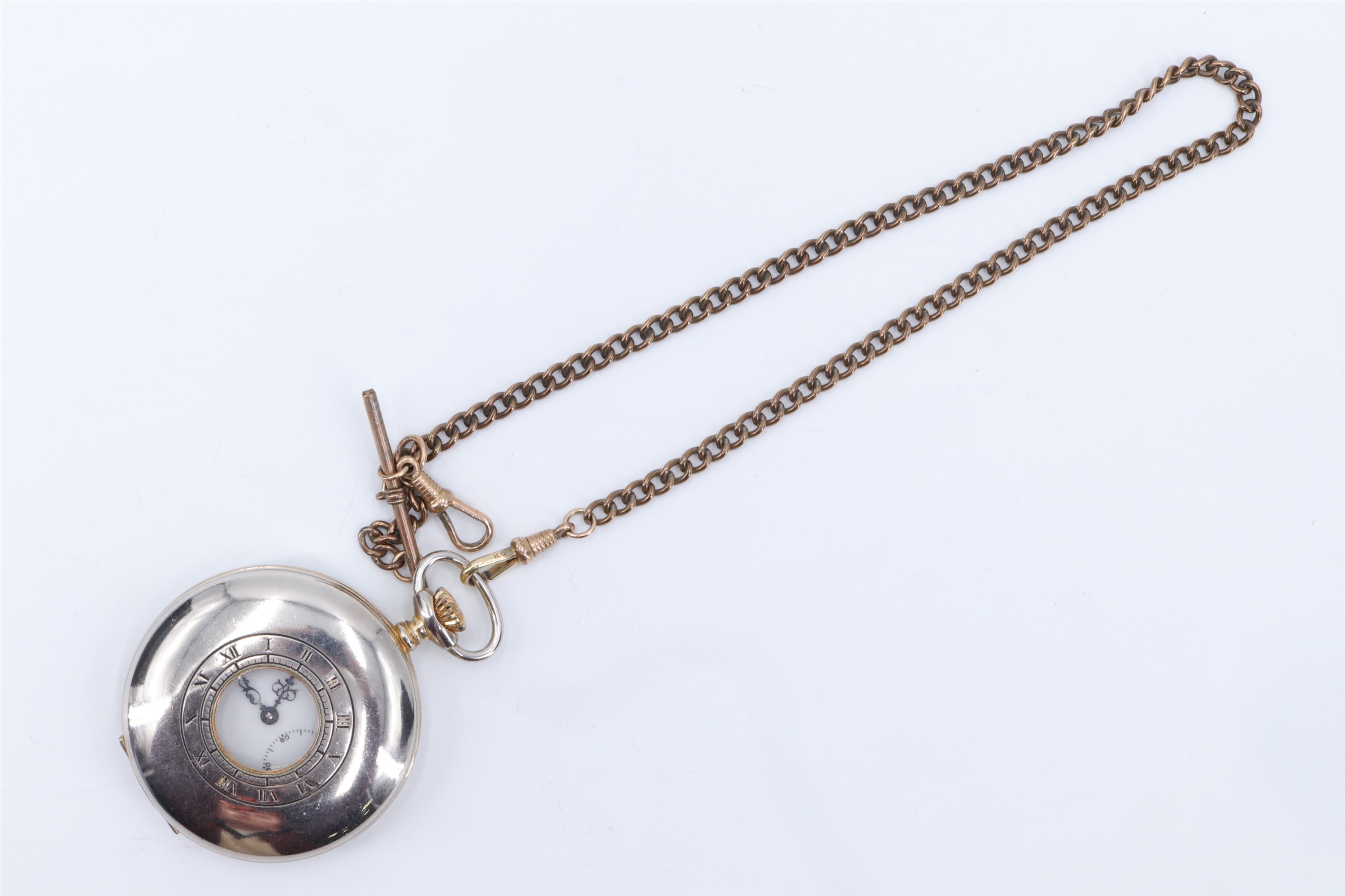 A contemporary pocket watch by James Walker, on a gilt metal watch chain, watch 5 cm excluding