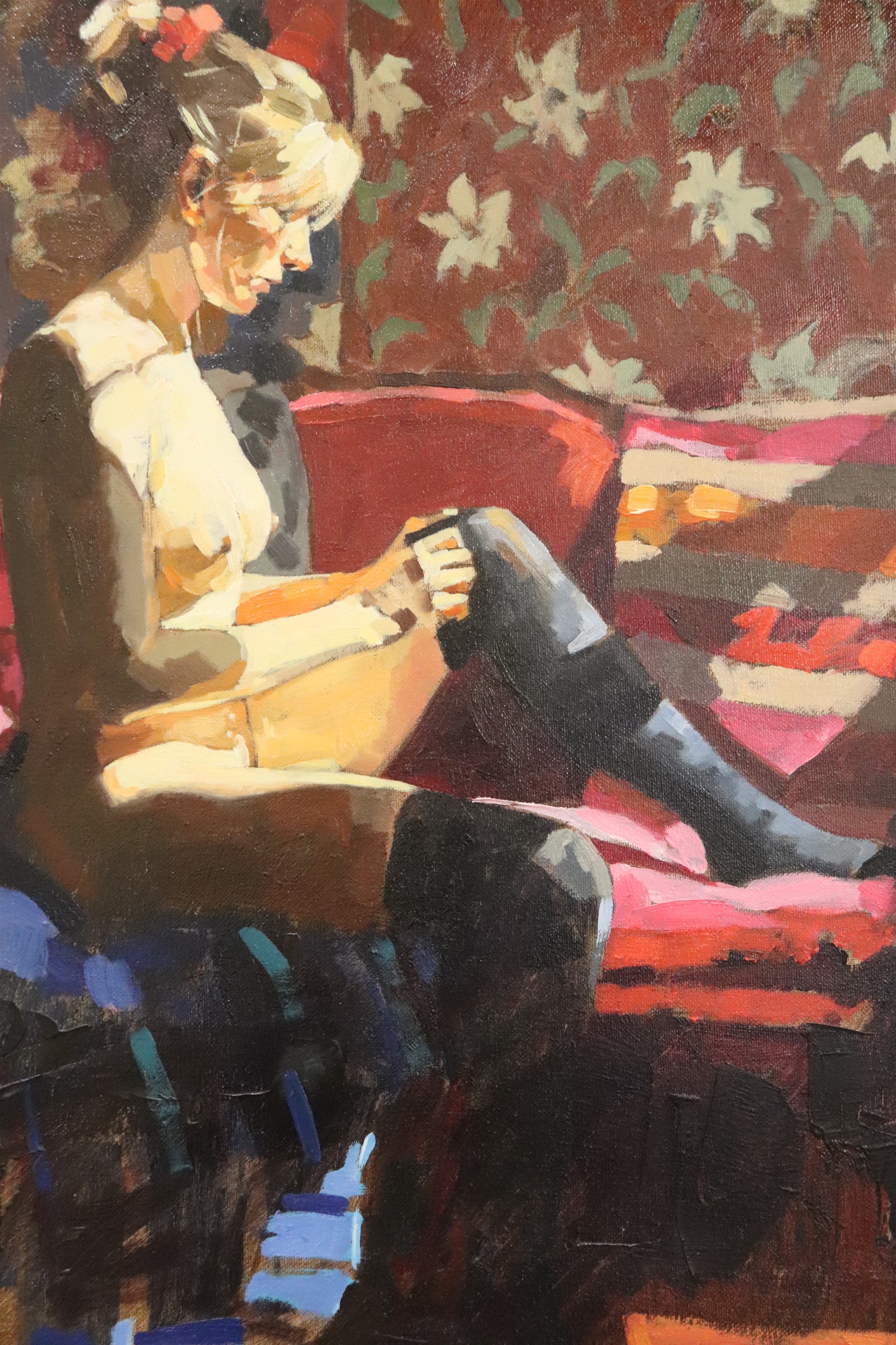 Jack Morrocco (Scottish, Contemporary) "Dressing in Sunlight", oil on canvas, Thompson's gallery