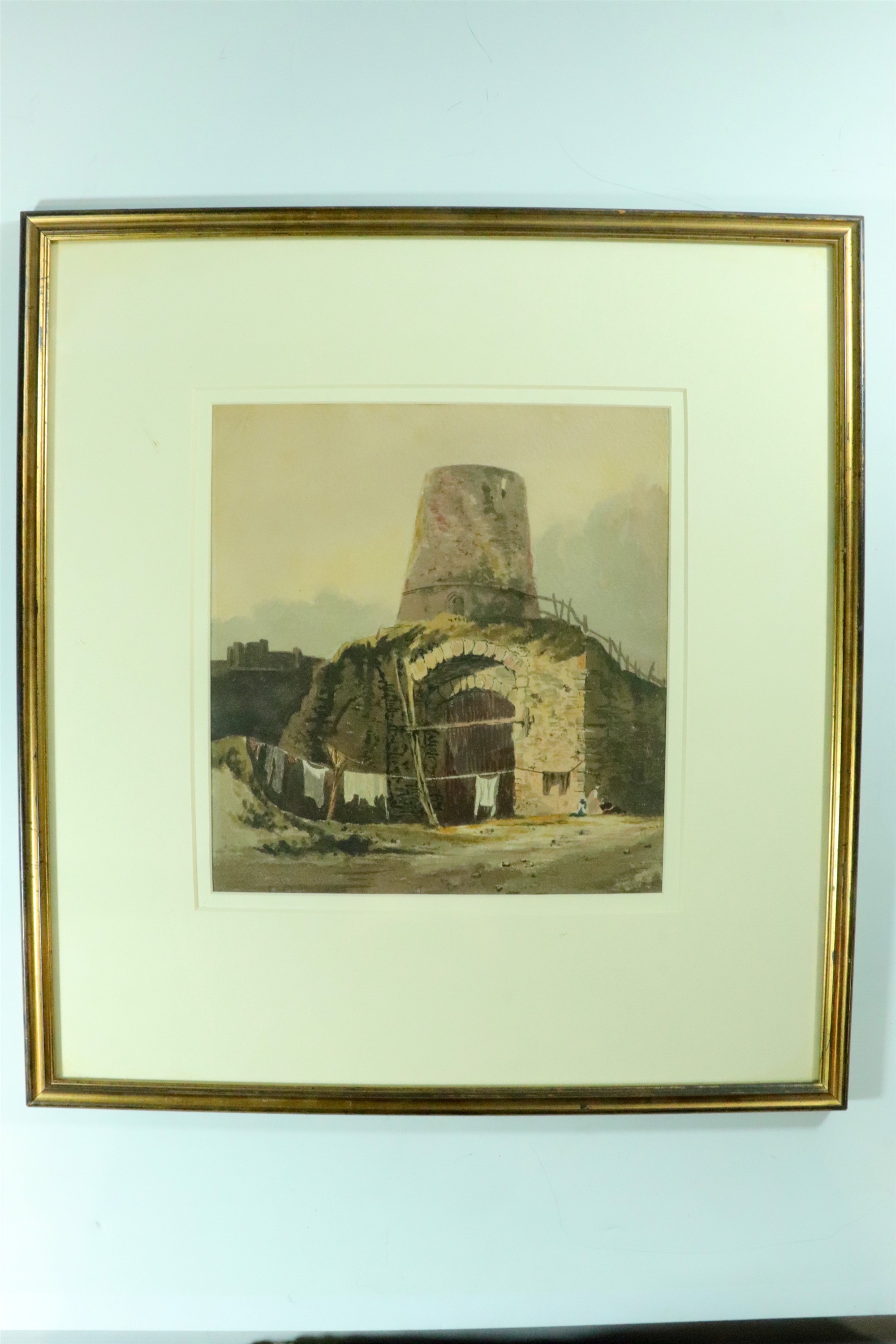 An early 19th Century watercolour study of a broch-like dwelling, dated 1817 verso, in double card - Image 4 of 4