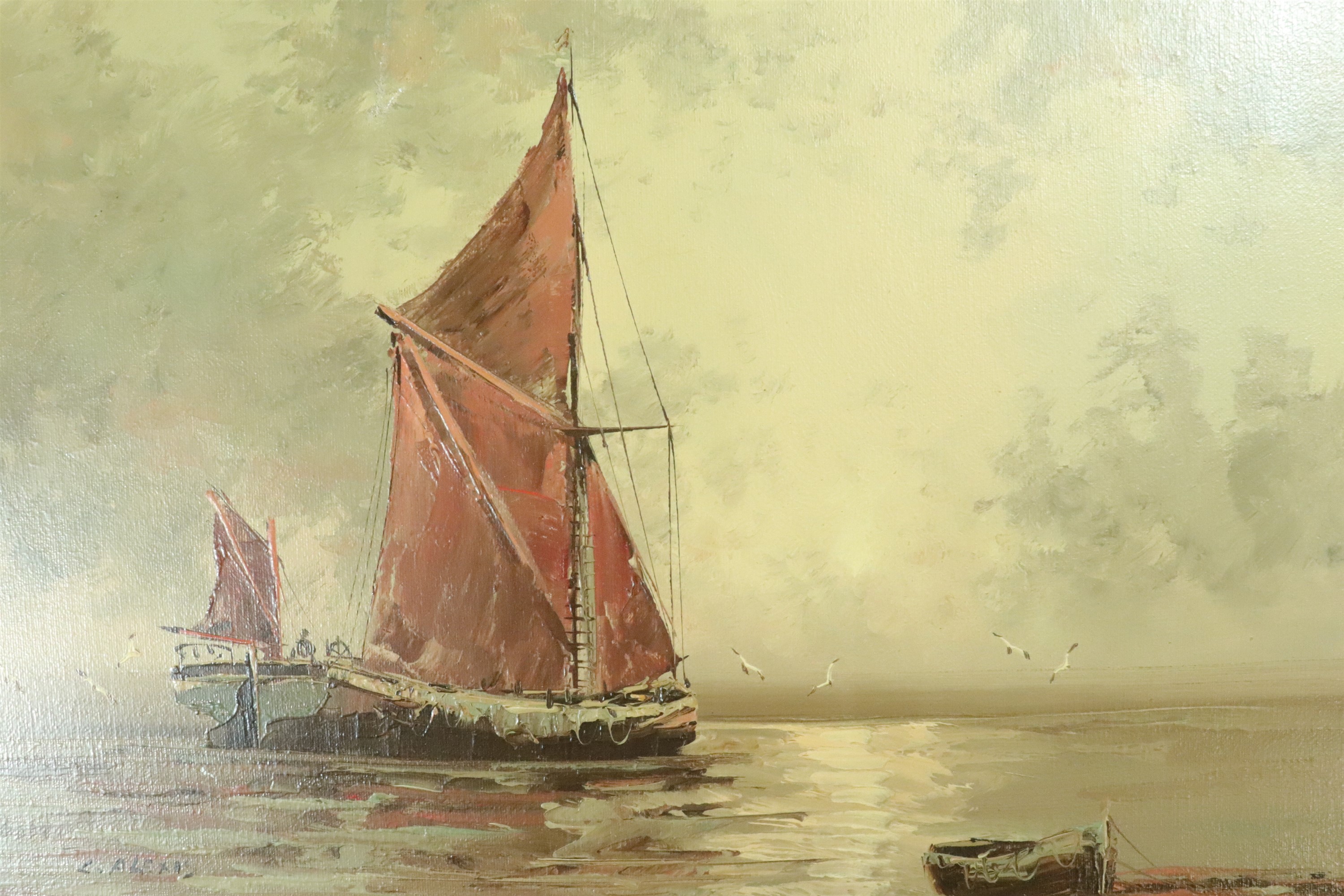 C Alexis (20th Century) An impressionist seascape with a moored fishing boat and a sailing boat - Image 2 of 4