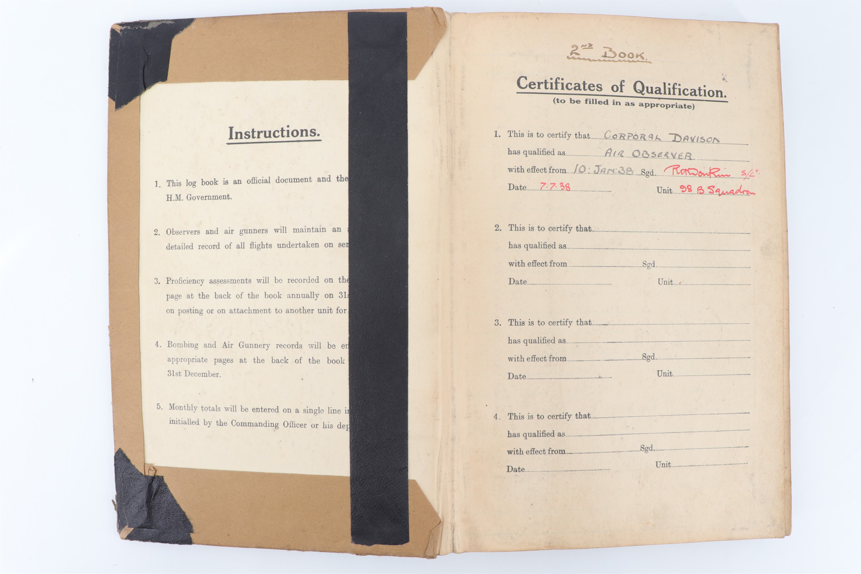 A Second World War RAF Air Observer's flying log book, that of Corporal / Sergeant F Davison,