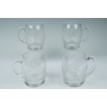Four wheel cut glass tankards decorated respectively in depiction of a deer, a ram and game birds,