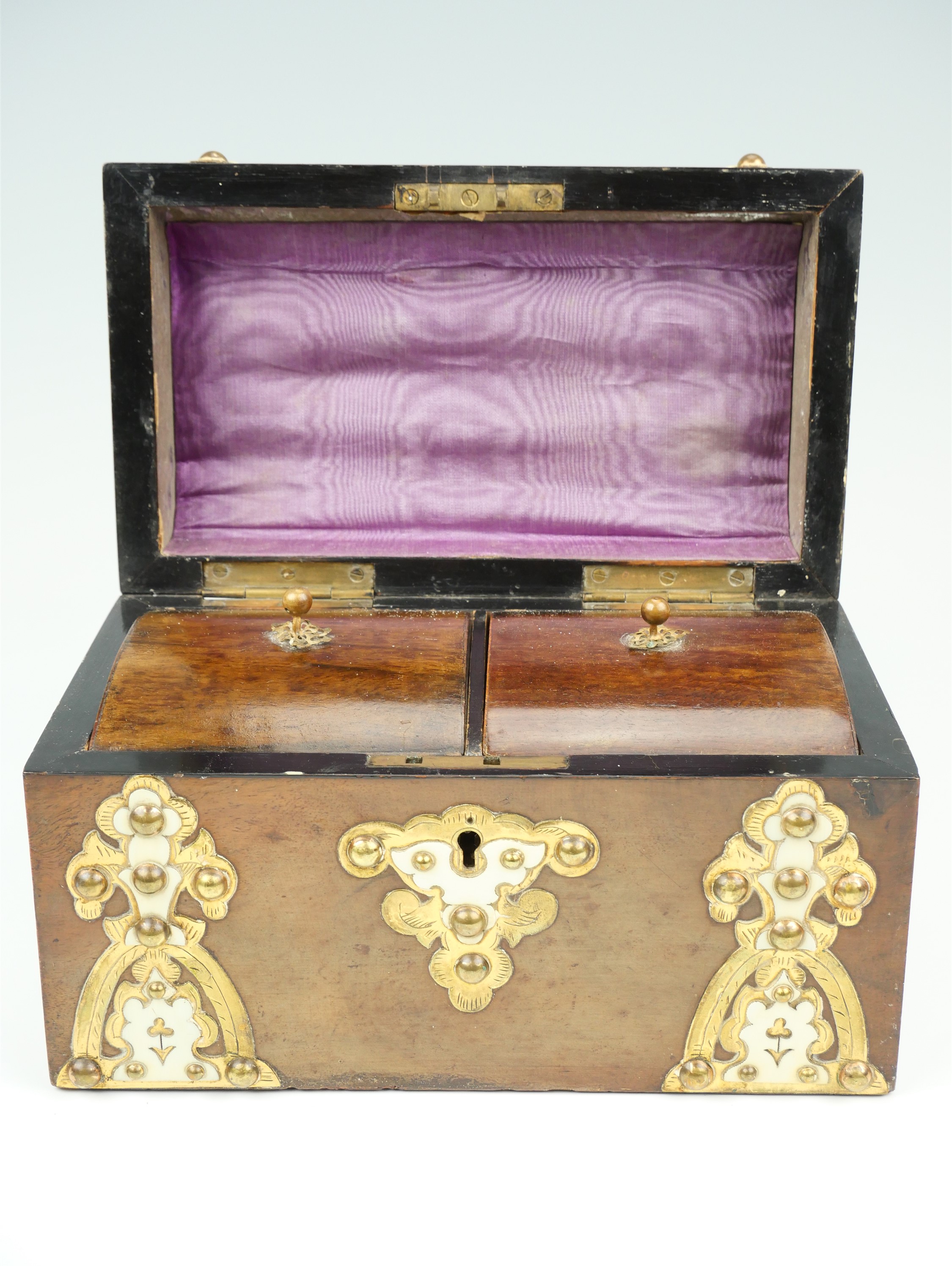 A Victorian walnut veneered dome top two compartment tea caddy, decorated with ivory, and pierced - Image 4 of 4