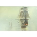 Bannon (20th Century) A misty seascape depicting a docked sailing ship with surrounding seagulls,