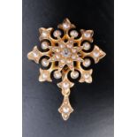 A Belle Epoque diamond, pearl and high carat yellow metal snowflake pendant / brooch, 25 mm