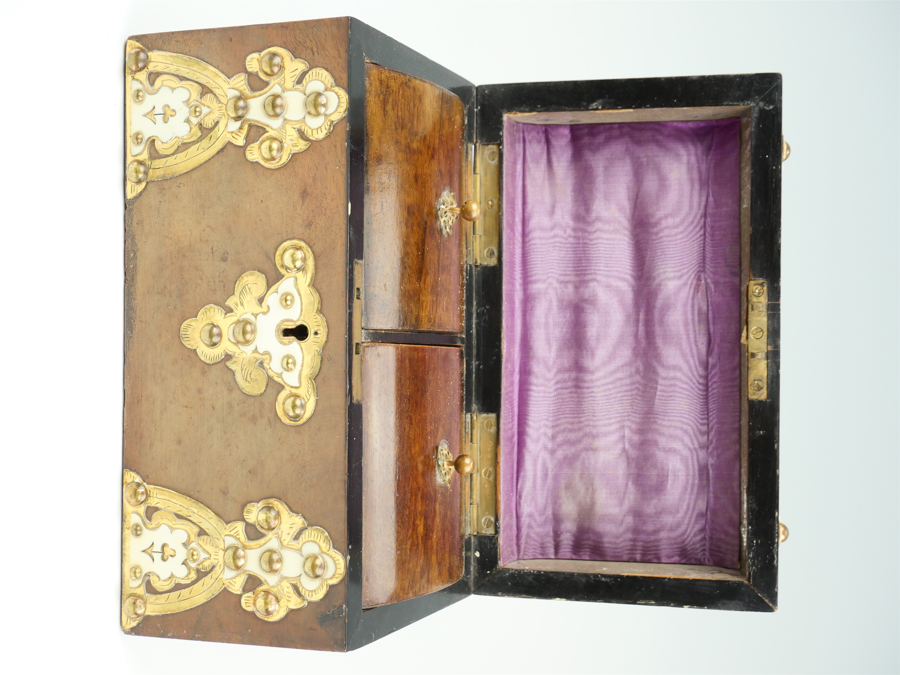 A Victorian walnut veneered dome top two compartment tea caddy, decorated with ivory, and pierced - Image 3 of 4