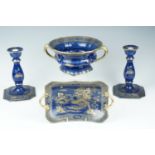 A G Harley-Jones Wilton Ware gilt on cobalt blue chinoiserie pattern bowl, comport and candlesticks,