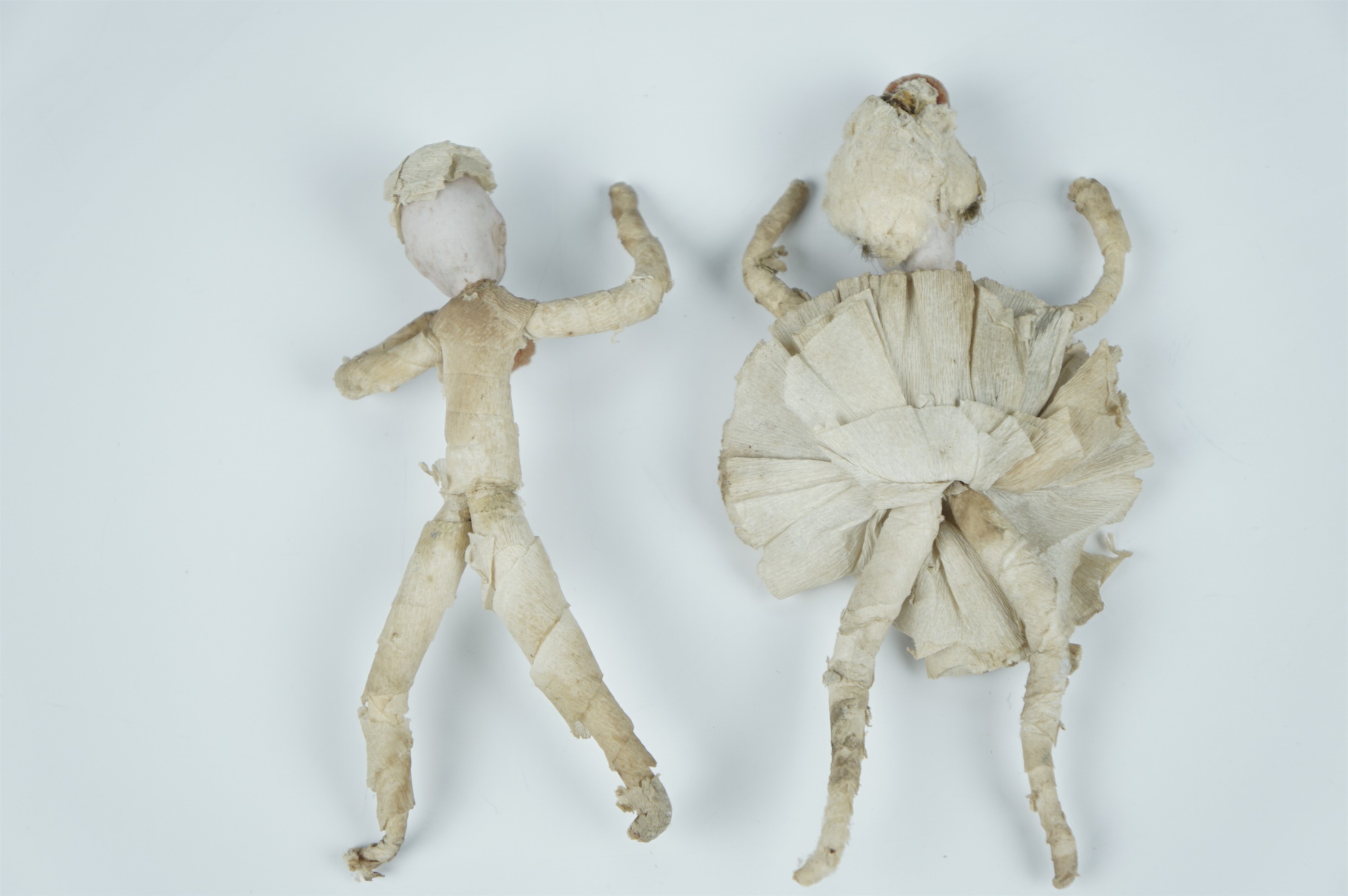 A pair of vintage German Christmas cracker dolls, each having a bisque head and wire armature - Image 3 of 4