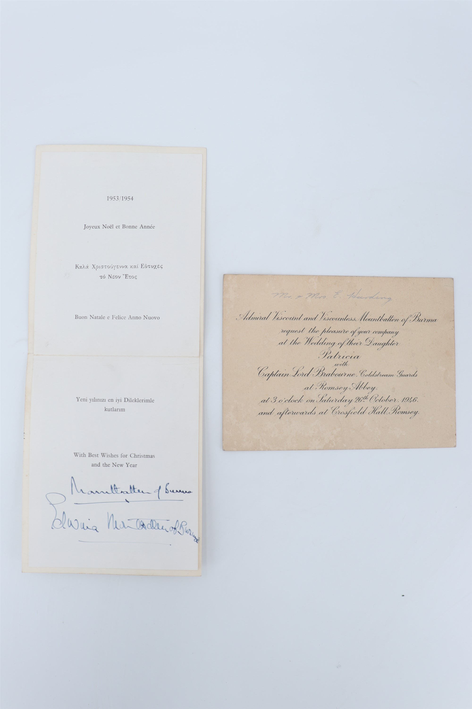 An autograph signature of Earl Mountbatten of Burma, with that of his wife, on a 1953-4 Christmas