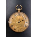 A Victorian 18 ct gold pocket watch, having a key wind and set movement, an engine turned gold