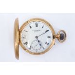 J.W. Benson, London, an 18ct gold half hunter pocket watch, having a crown wind and pin set movement