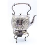 A Victorian electroplate spirit kettle and stand, of ovoid form bearing embossed scenes and