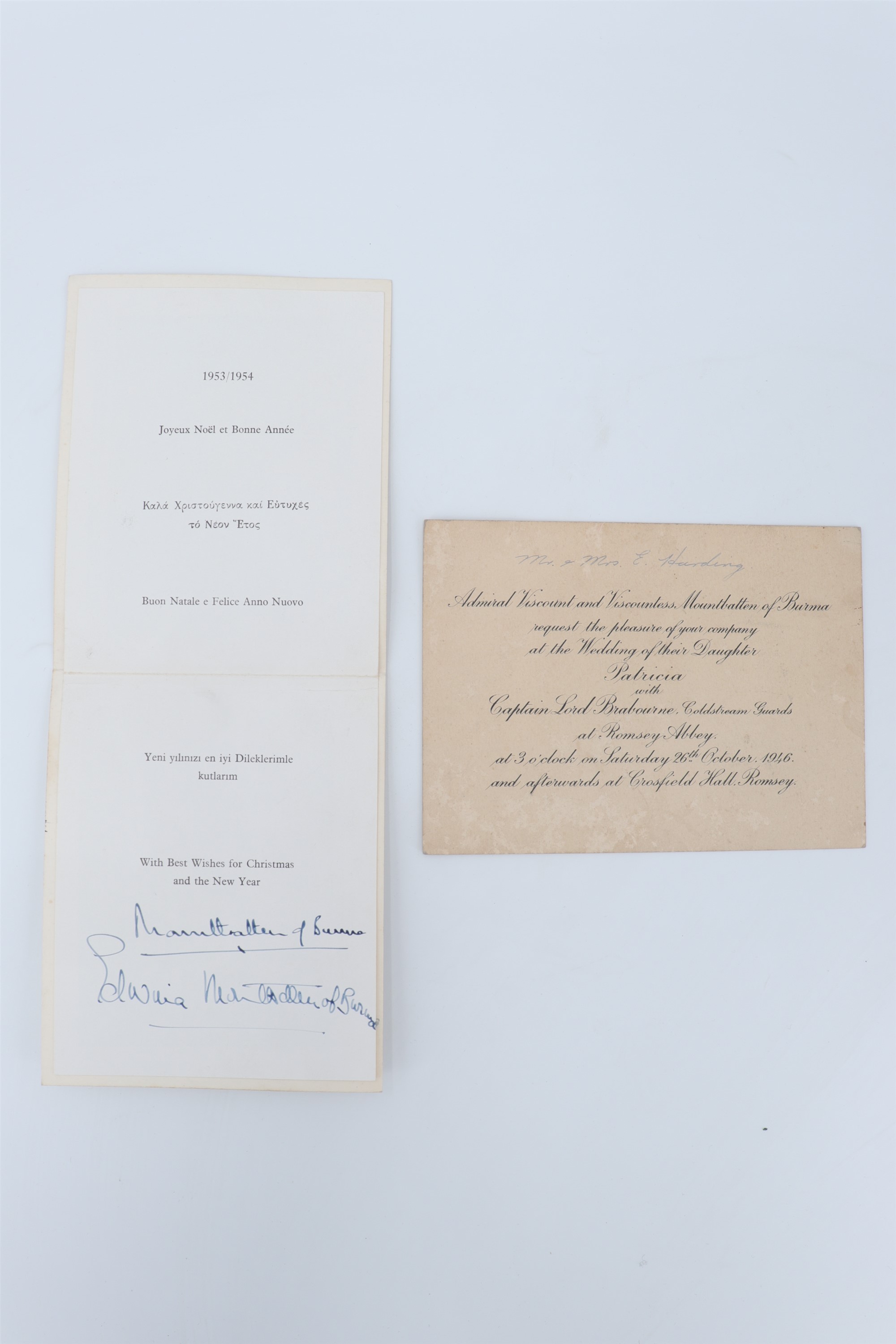 An autograph signature of Earl Mountbatten of Burma, with that of his wife, on a 1953-4 Christmas - Image 2 of 4