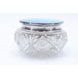An Art Deco guilloche enamelled silver and cut glass powder pot, the lid having a gilt interior,