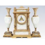 An early 20th Century French enamel and pate-sur-pate clock garniture, the drum movement striking on