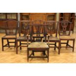 A harlequin set of six George III country dining chairs, various woods