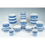 A group of T G Green Cornishware, including a "Soap Flakes" storage jar, a teapot, etc, tallest 16