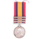 A Queen's South Africa Medal with three clasps to 3243 Pte H Hubble, 1st Border Regiment