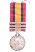 A Queen's South Africa Medal with three clasps to 3243 Pte H Hubble, 1st Border Regiment