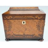 A 19th Century rosewood veneered two compartment tea caddy, of sarcophagus form having marquetry