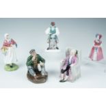 Five Royal Doulton figurines, comprising "Darby" HN 1427, "The Wayfarer" HN 2362, "Market Day" HN