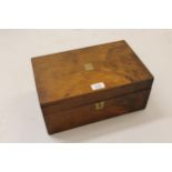 Victorian walnut brass inlaid fold-over writing slope with fitted interior, 14ins x 8.5ins x 6ins