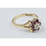 9ct Gold diamond chip and pink stone ring, 2.6g