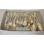 19th Century part canteen of silver cutlery comprising: five tablespoons, seven teaspoons, five