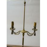 Two branch brass standard lamp, together with a brass table lamp, with Toleware shade