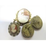 19th Century shell carved cameo brooch, figures in a landscape, cameo portrait pendant, a lava cameo