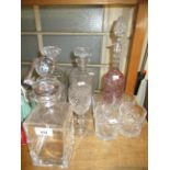 Pink overlay cut glass decanter with stopper, together with four other various modern cut glass