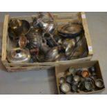 Box containing a quantity of various silver plated items including coffee pots, teapots, egg cups