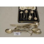 Cased set of six silver bean handled coffee spoons, together with miscellaneous other silver
