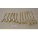 Part set of three silver fish knives and forks, set of four silver Kings pattern teaspoons and a