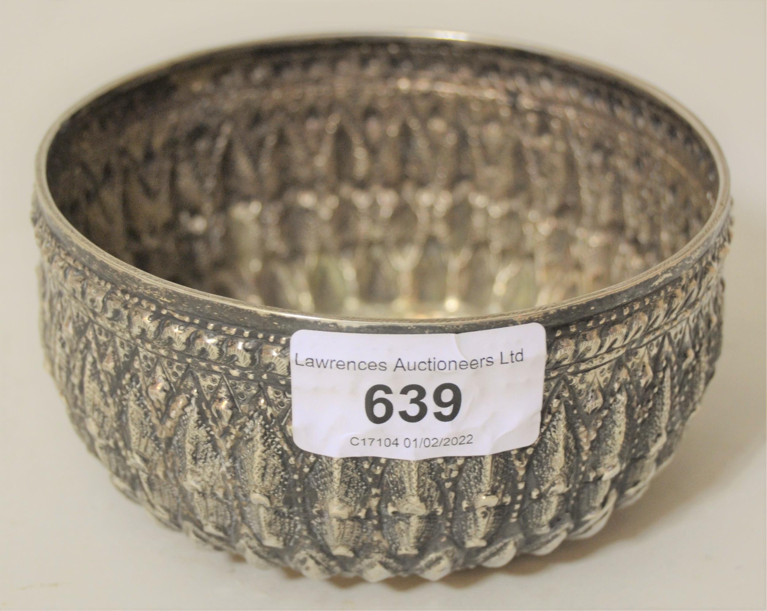 Burmese white metal floral embossed bowl, 4.5ins diameter, 3.5 troy ounces