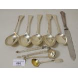 Five various silver table spoons, pair of silver sugar tongs, salt spoon, silver handled knife and