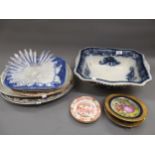 Victorian pottery wash basin, quantity of pottery meat plates, two pairs of small plates and a glass