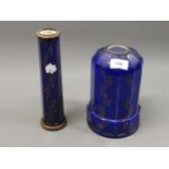 19th Century blue overlaid glass oil lamp, base and stem