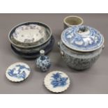 Group of eight Chinese blue and white porcelain bowls, dishes and vases, pot and cover, (some with