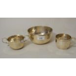 Small London silver bowl with presentation engraving, together with two silver handled bowls, 19