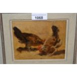 Oil on millboard, study of two hens, inscribed verso, ' Jutz ', 4.5ins x 5.5ins Does appear to