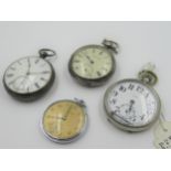 Two silver cased open faced pocket watches together with two others